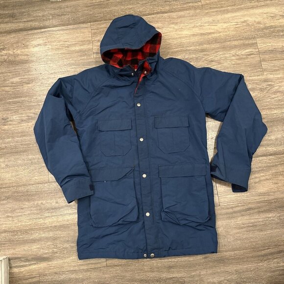 LL Bean Baxter State Parka Men Medium Long Blue Wool Flannel Lined Barn Coat